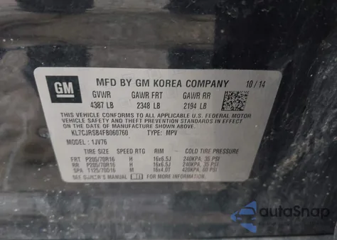 2015 Chevrolet Trax Lt from USA, damaged, VIN KL7CJRSB4FB060760